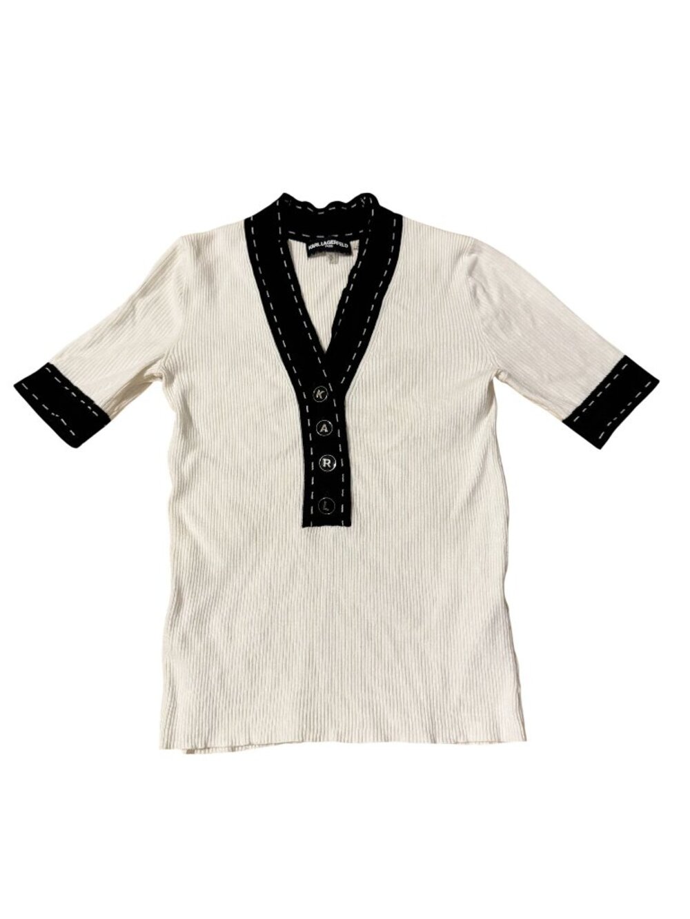 Karl Lagerfeld Paris Womens Ribbed Knit Stretch V Neck Top White Black XS